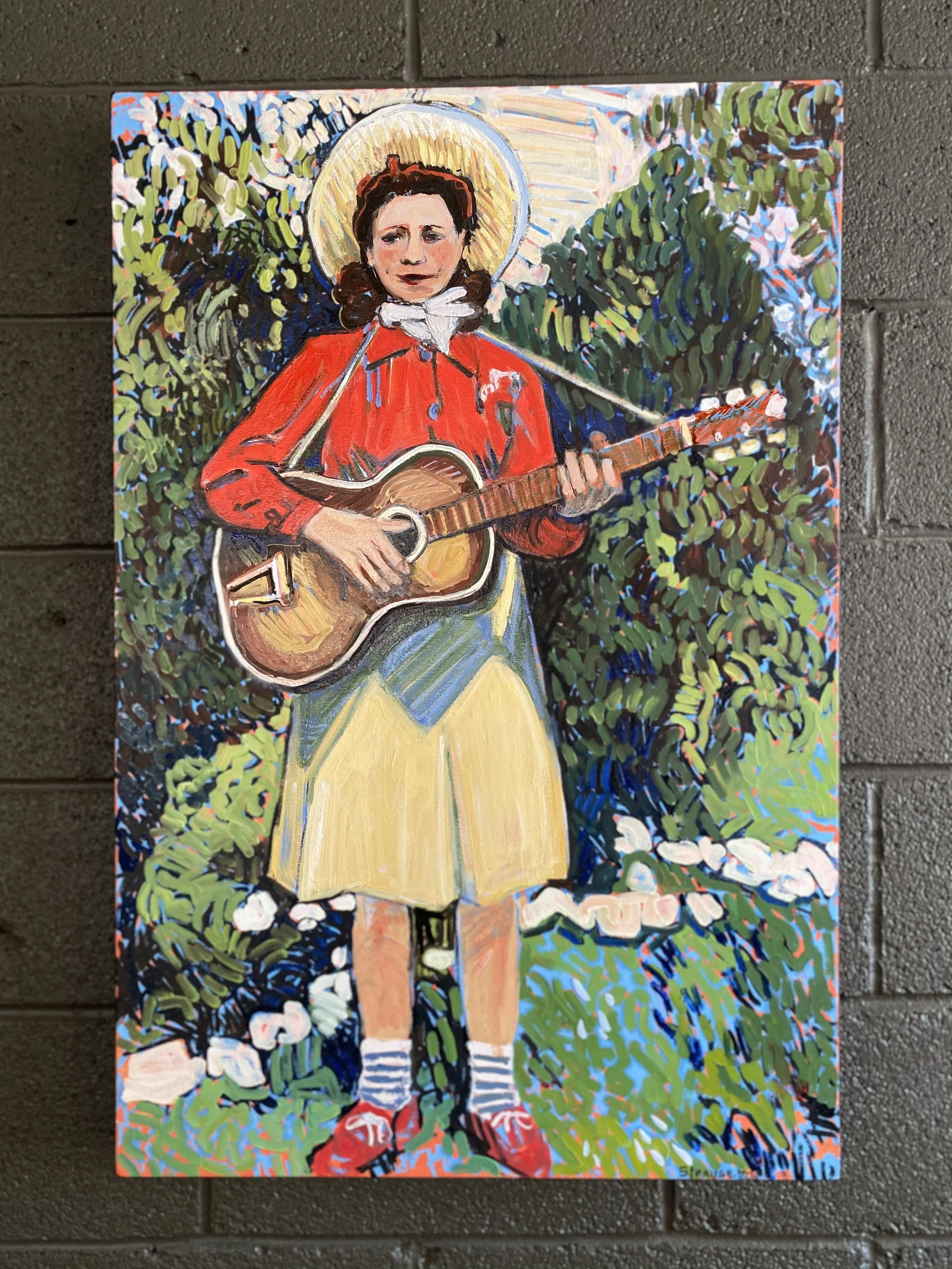 Painting of a young girl with pigtails, wearing a red coat and yellow skirt, singing and playing guitar outdoors with greenery and flowers around.