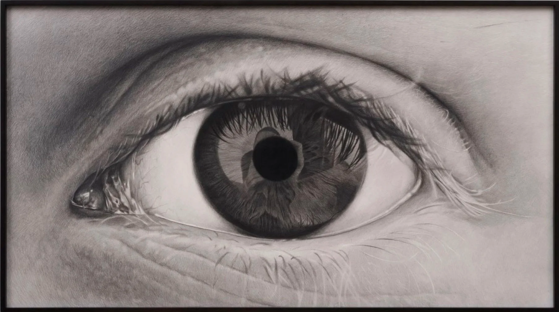 A realistic black and white drawing of a human eye, with detailed eyelashes, iris, pupil, and tear duct.