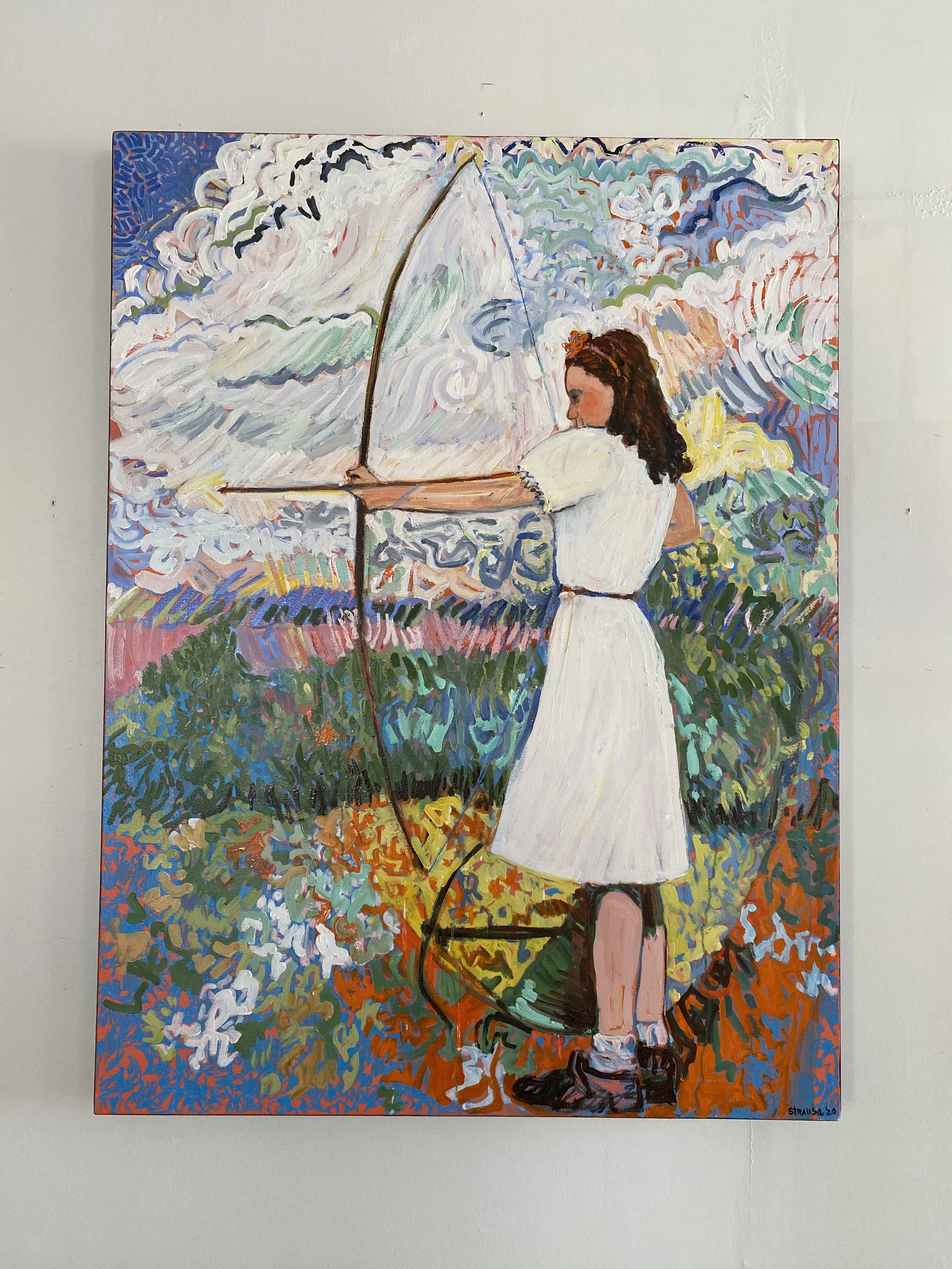 An impressionist painting of a young girl in a white dress with dark hair standing by a stool, holding an umbrella, surrounded by vibrant swirling colors in the background.