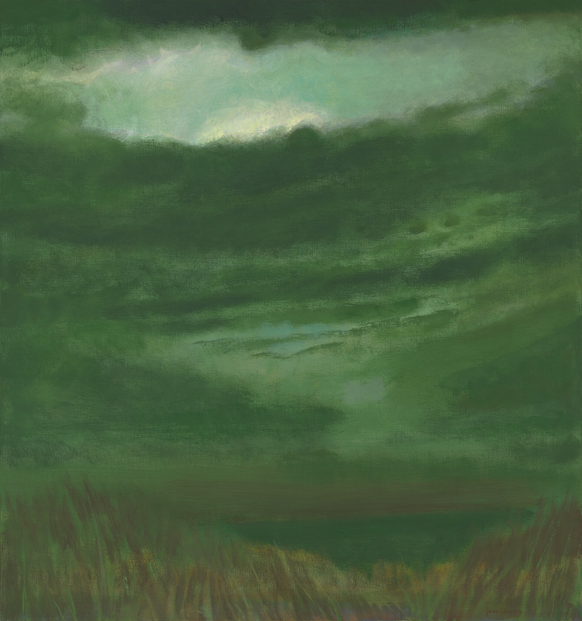 A painting of a stormy sky with dark clouds and a lightning bolt illuminating the clouds in green and gray tones.