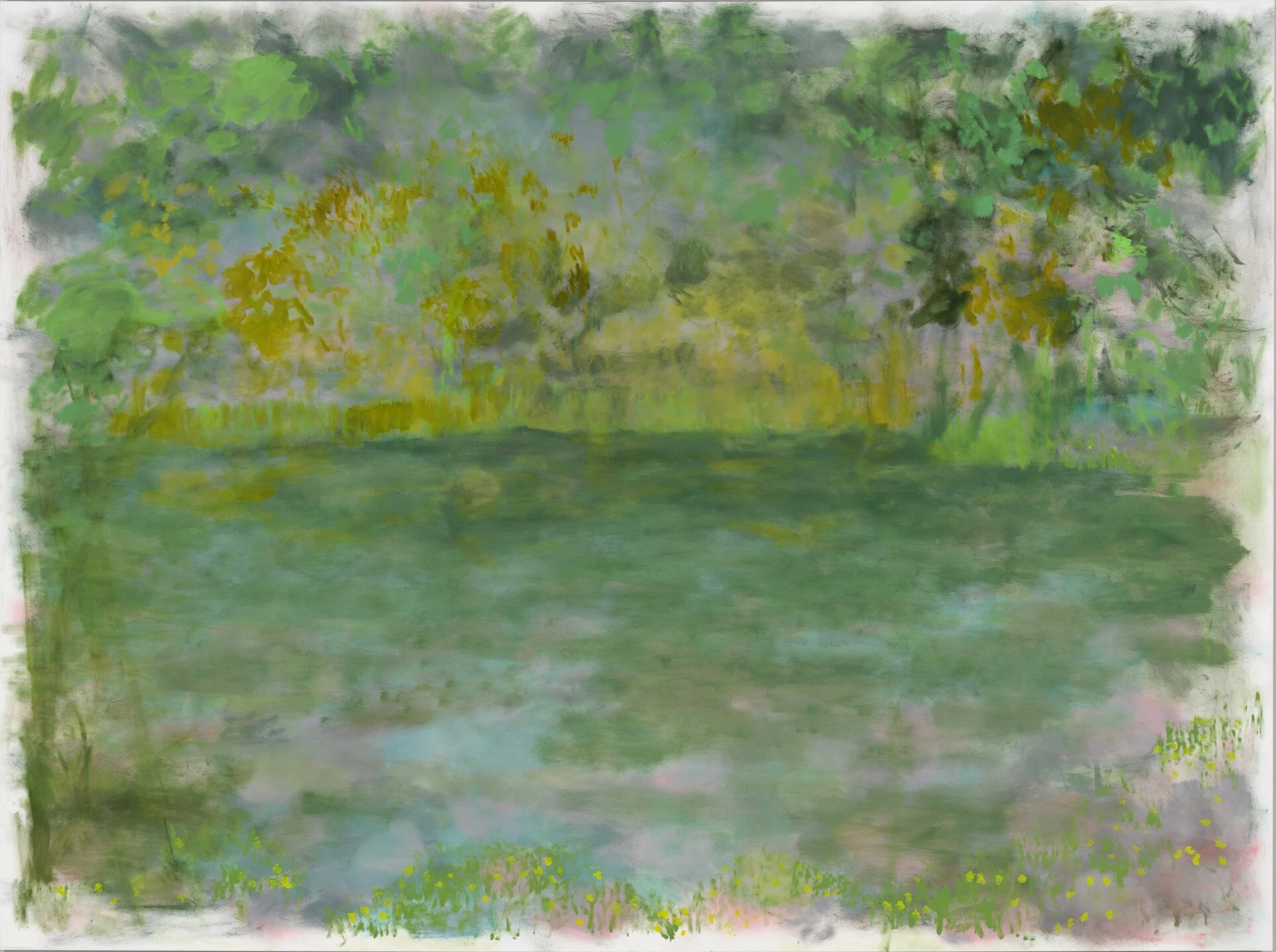 An abstract watercolor painting of a lush green landscape with trees and a body of water, using shades of green, blue, and hints of pink.