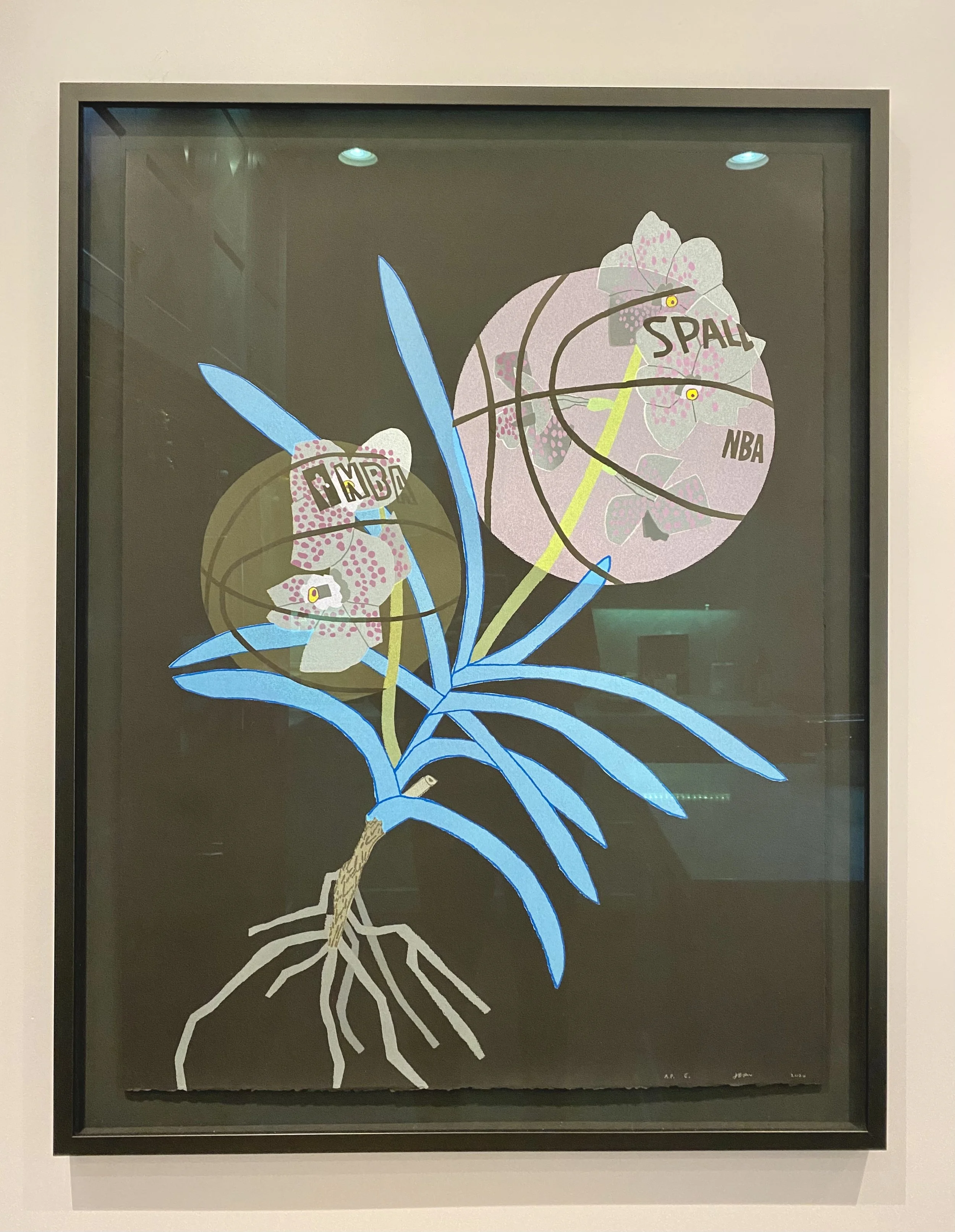 Artwork of a botanical illustration with orchids and blue leaves, featuring labeled text 'NBA' and 'SPAL'.