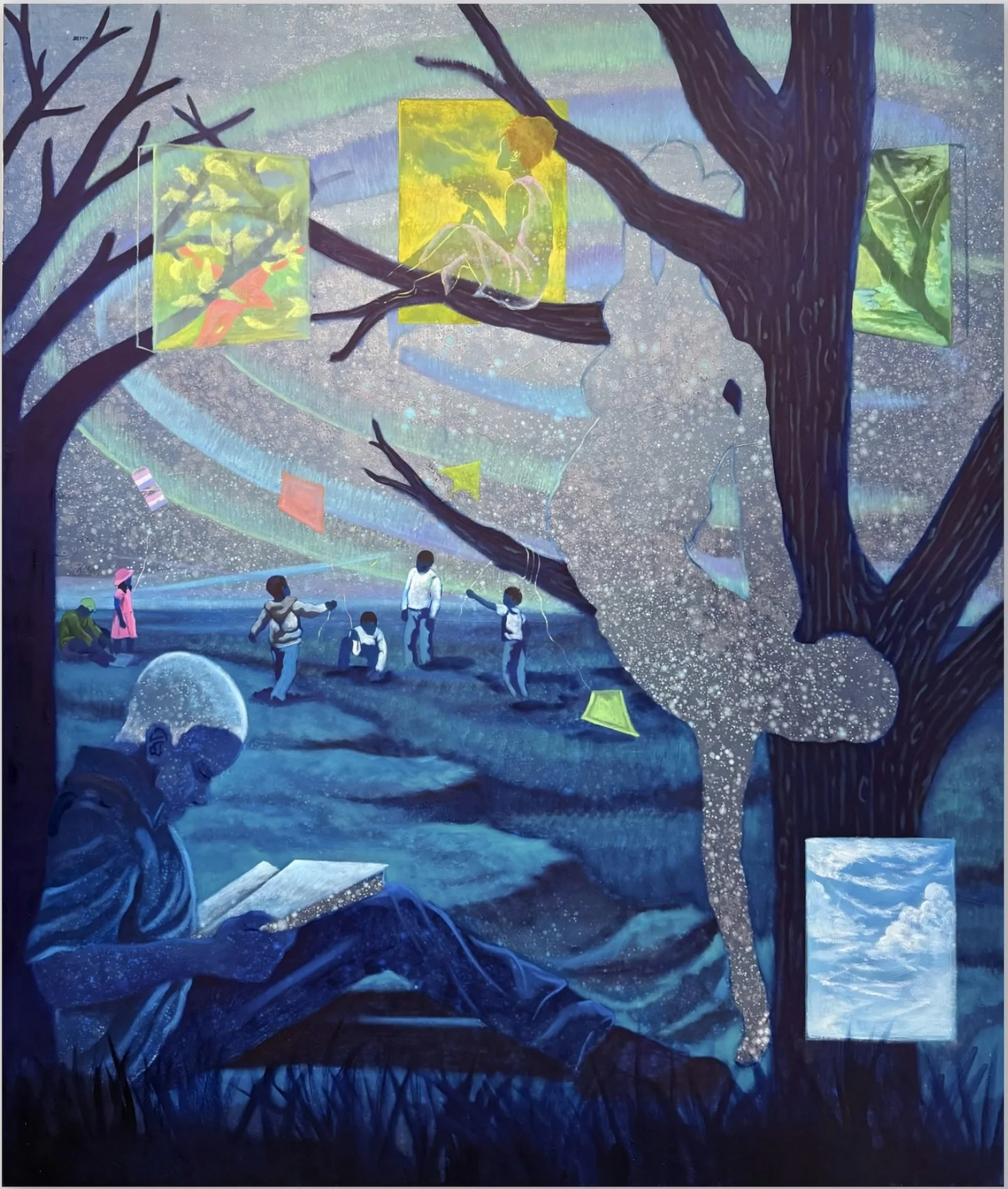 a painting by Dominic chambers, blue, of people flying kites in a fantastical world.