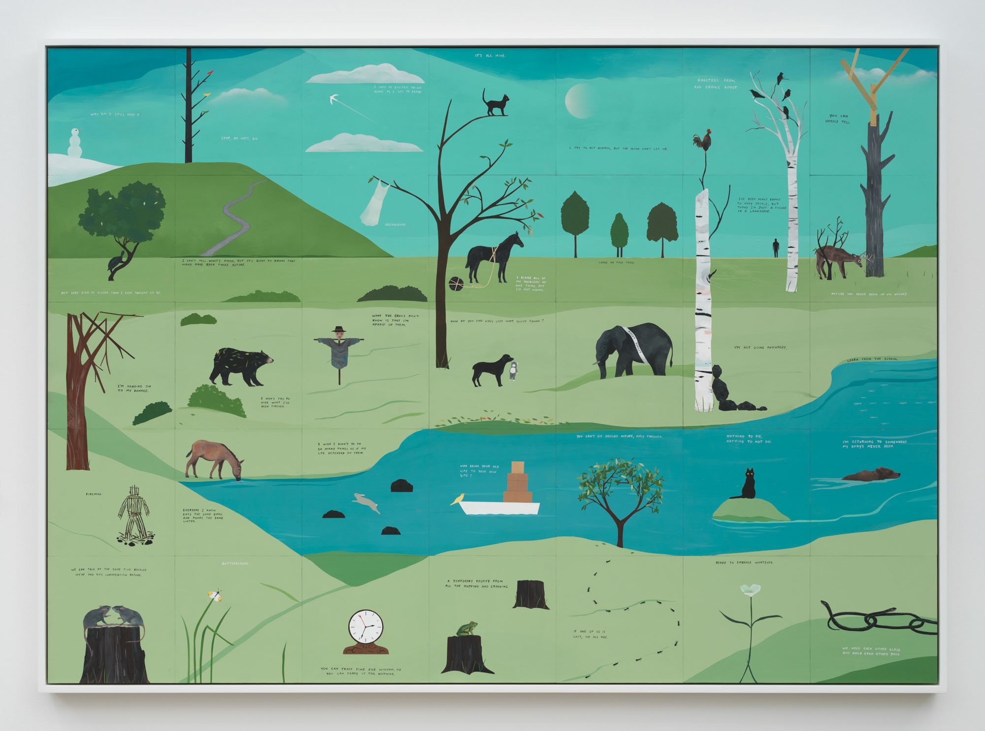 A colorful mural depicting a natural landscape with trees, animals, water, and a person, accompanied by various quotes and sayings about life and nature.