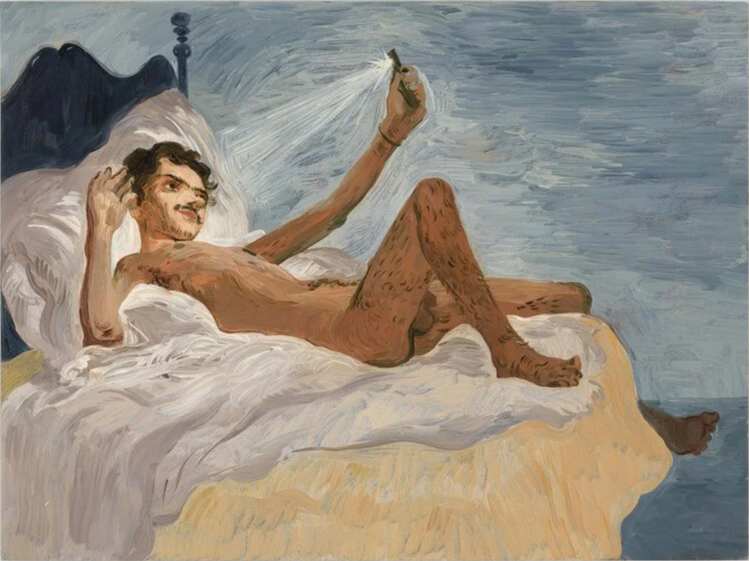A painting of a nude man lying on a bed, holding a flashlight in his raised right hand and making a phone call with his left hand. The bed has white sheets and a black headboard, with a blue nightstand partially visible. The background is a blue wall.