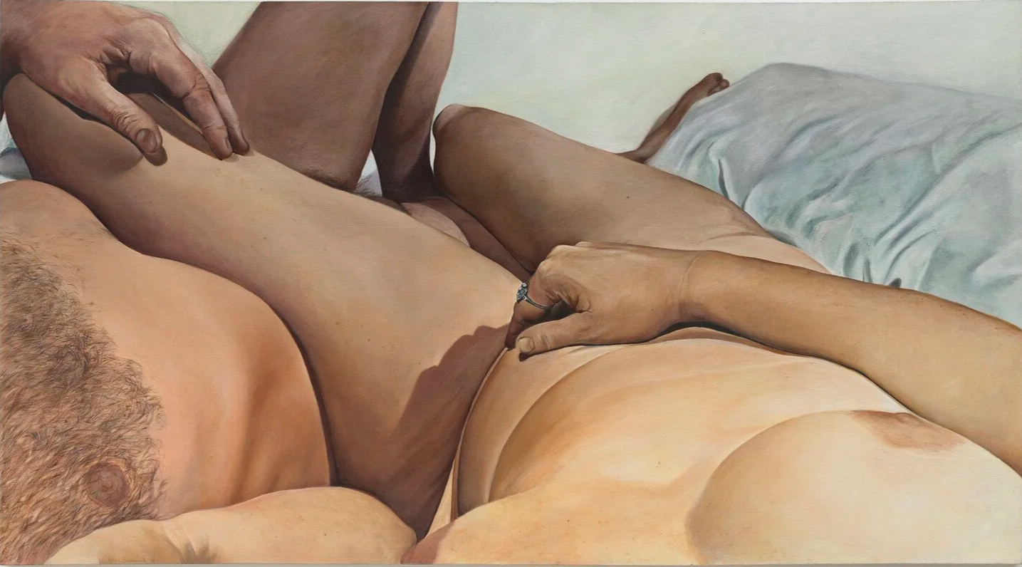 Close-up painting of a topless person lying on a bed, with hand resting on their chest and another hand touching their thigh.