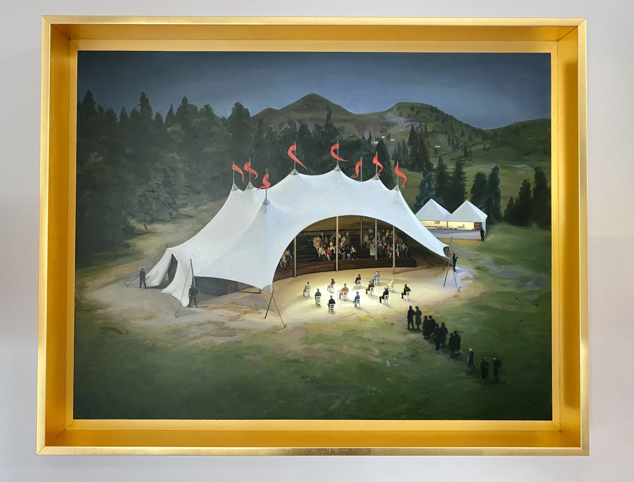 Painting of a outdoor scene with a large white tent and spectators, set against green mountains and trees.