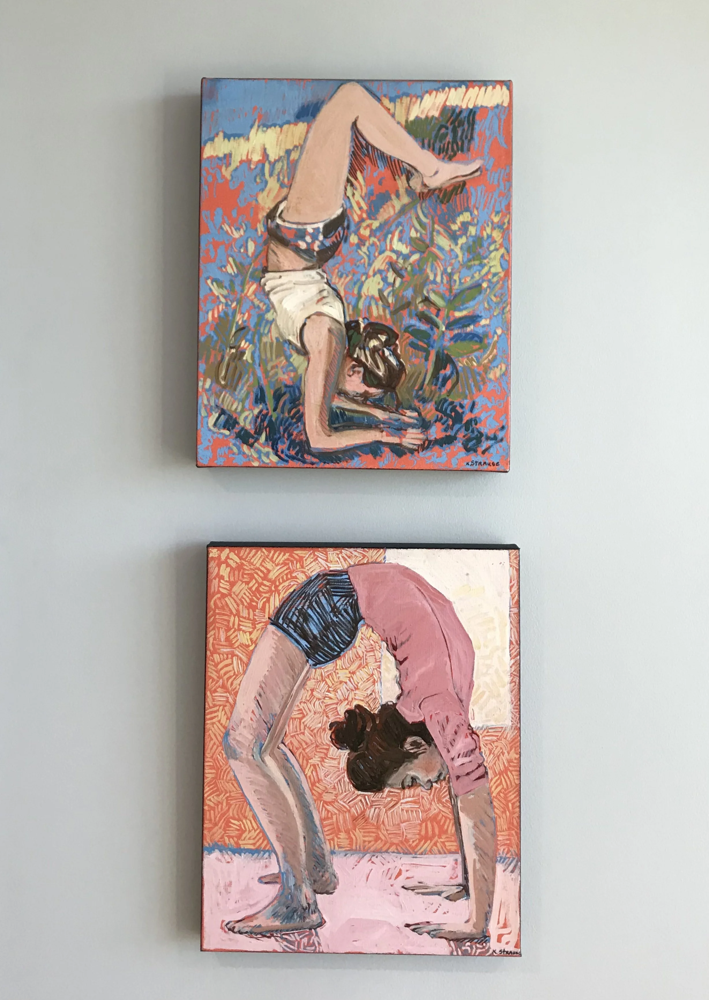 Katherine Strause contemporary paintings hanging outside of yoga studio at Blake street house in Bentonville, Arkansas. Curated by Dylan Turk.