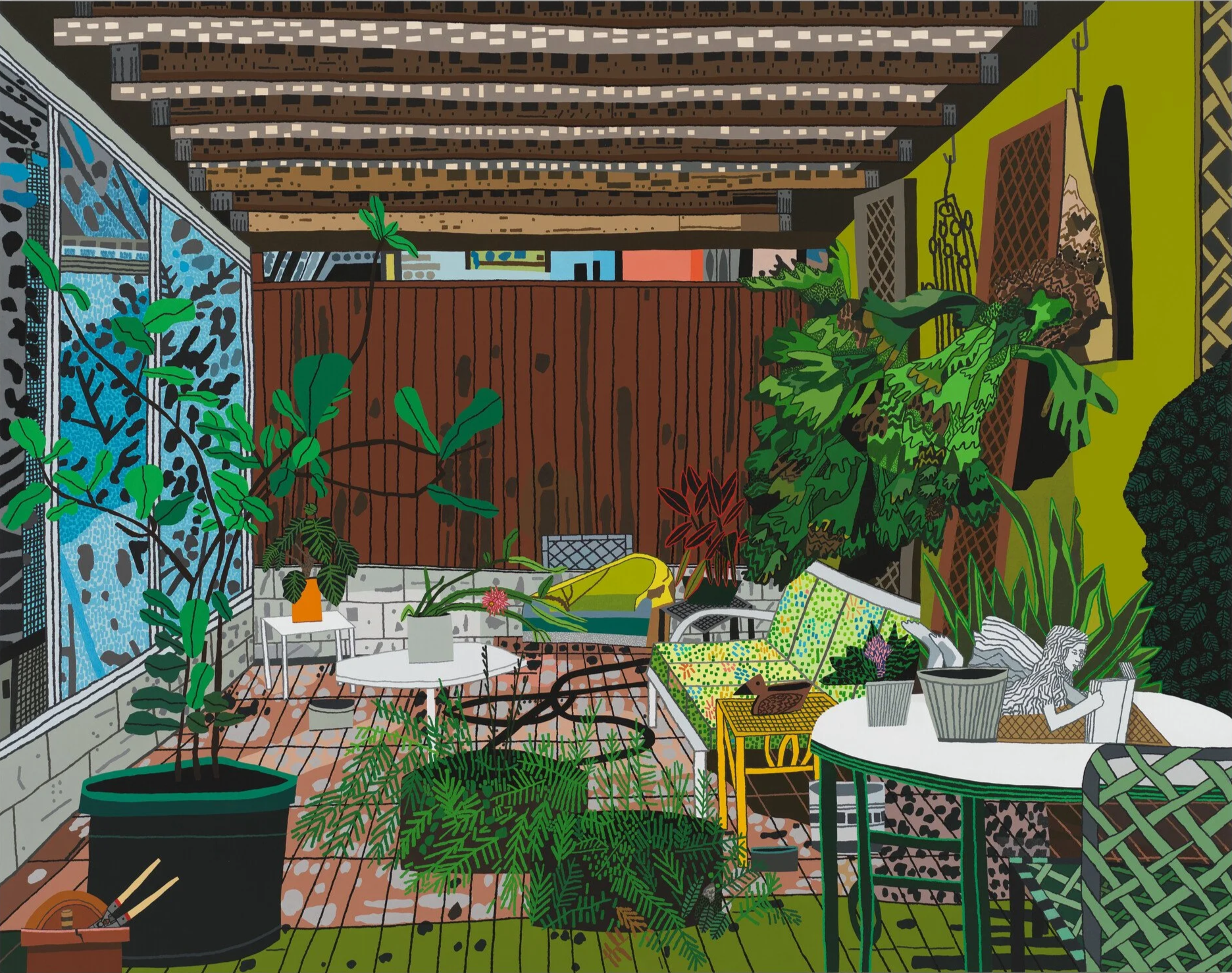 Colorful illustrated outdoor patio scene with various plants, a table with a laptop and a person working, and a background decorated with paintings and a wooden fence.