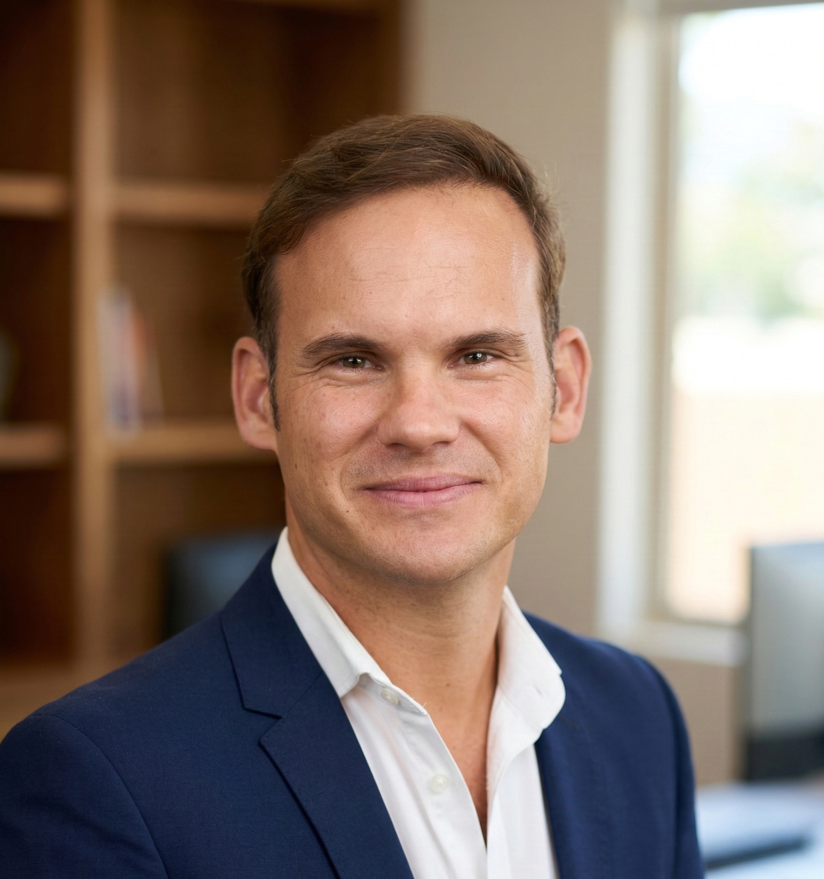 A portrait of a smiling man in a navy blazer and white shirt, with a bookshelf and window in the background.