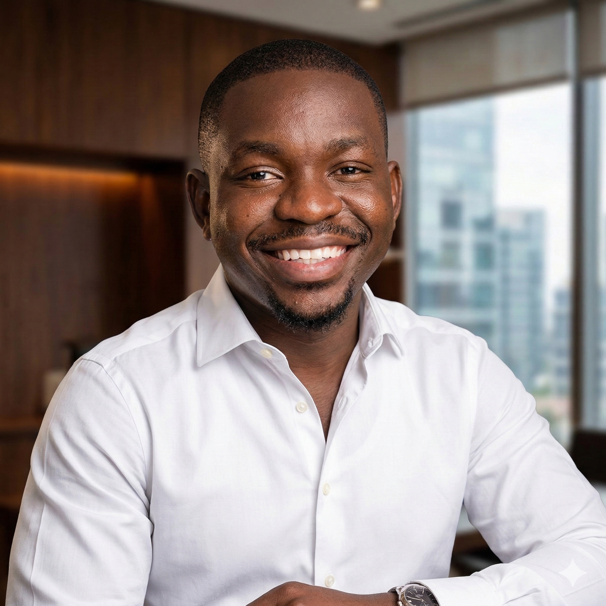 Smiling African American man in white shirt sitting in modern office with city view