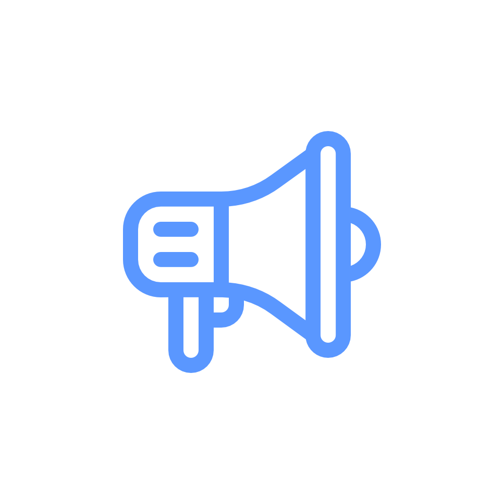 Outline icon of a blue megaphone on a black background