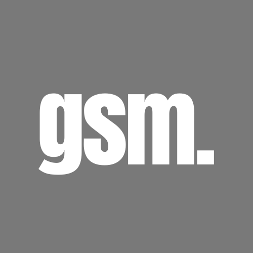 Gray background with the white lowercase text 'gsm.'