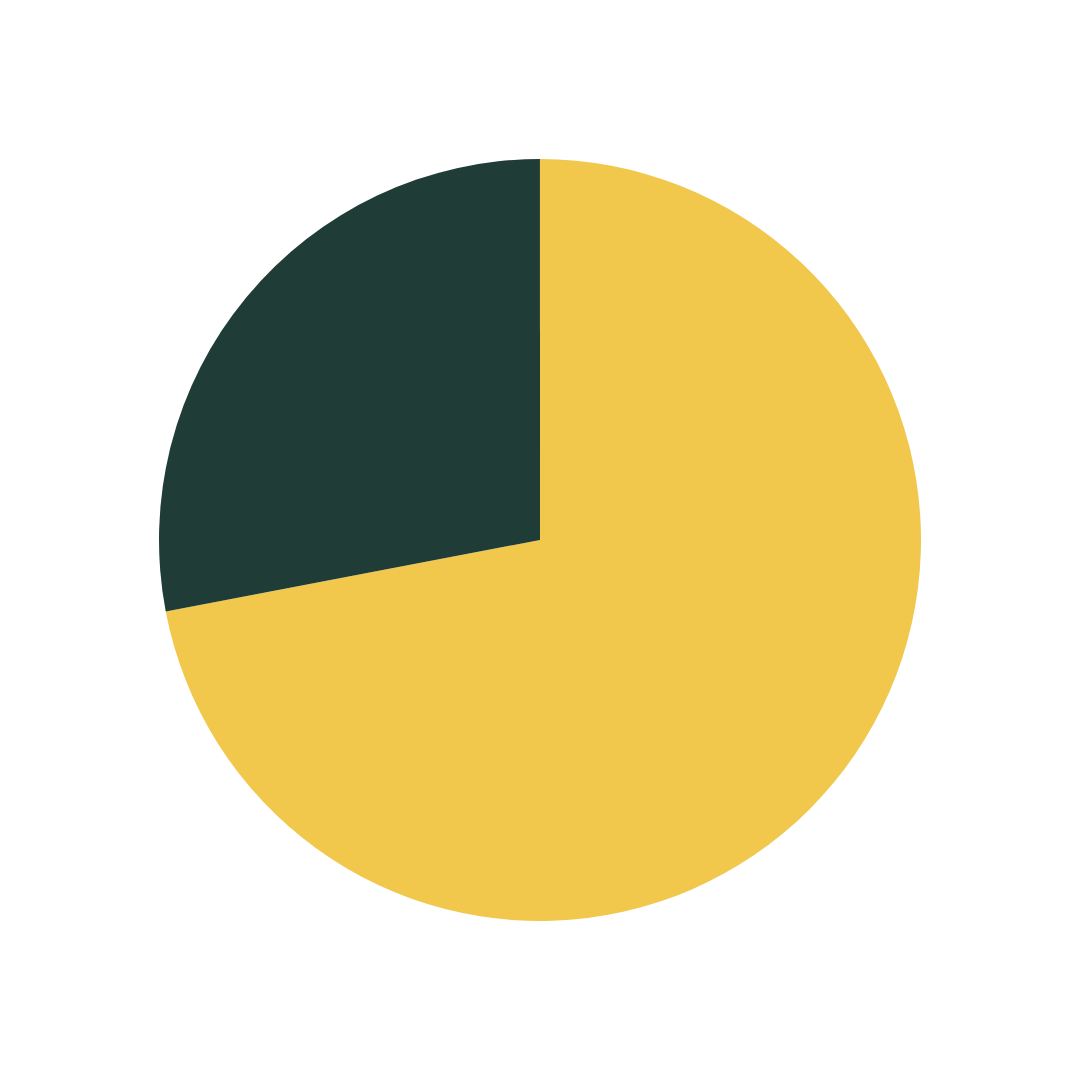 Pie chart showing 25% in dark green and 75% in yellow.
