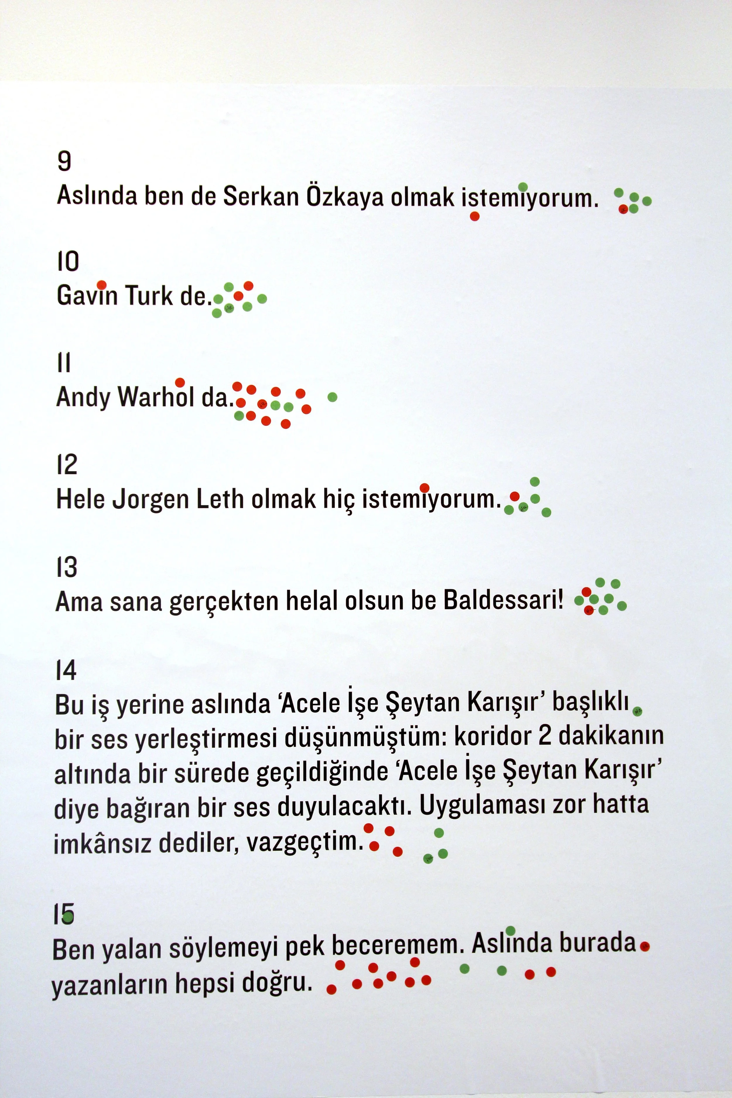 Selected translation //
9-
I don’t actually want to be Serkan Özkaya either.
10-
Or Gavin Turk.
11-
Neither Andy Warhol.
12-
And definitely not Jorgen Leth.
13-
But I do really admire you Baldessari!
15-
I’m not actually a good liar. Everything i say