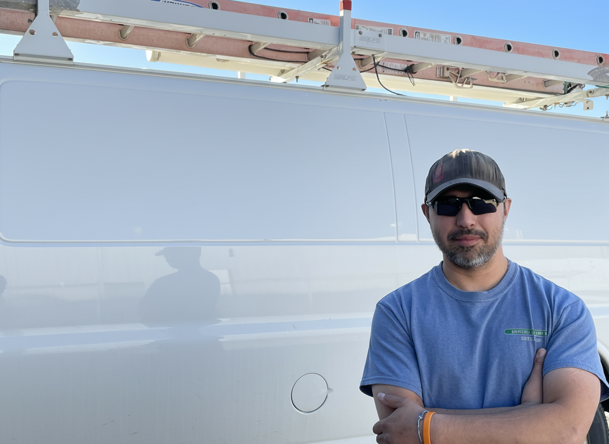 A man wearing sunglasses and a cap stands in front of a white van, with a ladder on top of the van under a clear blue sky.