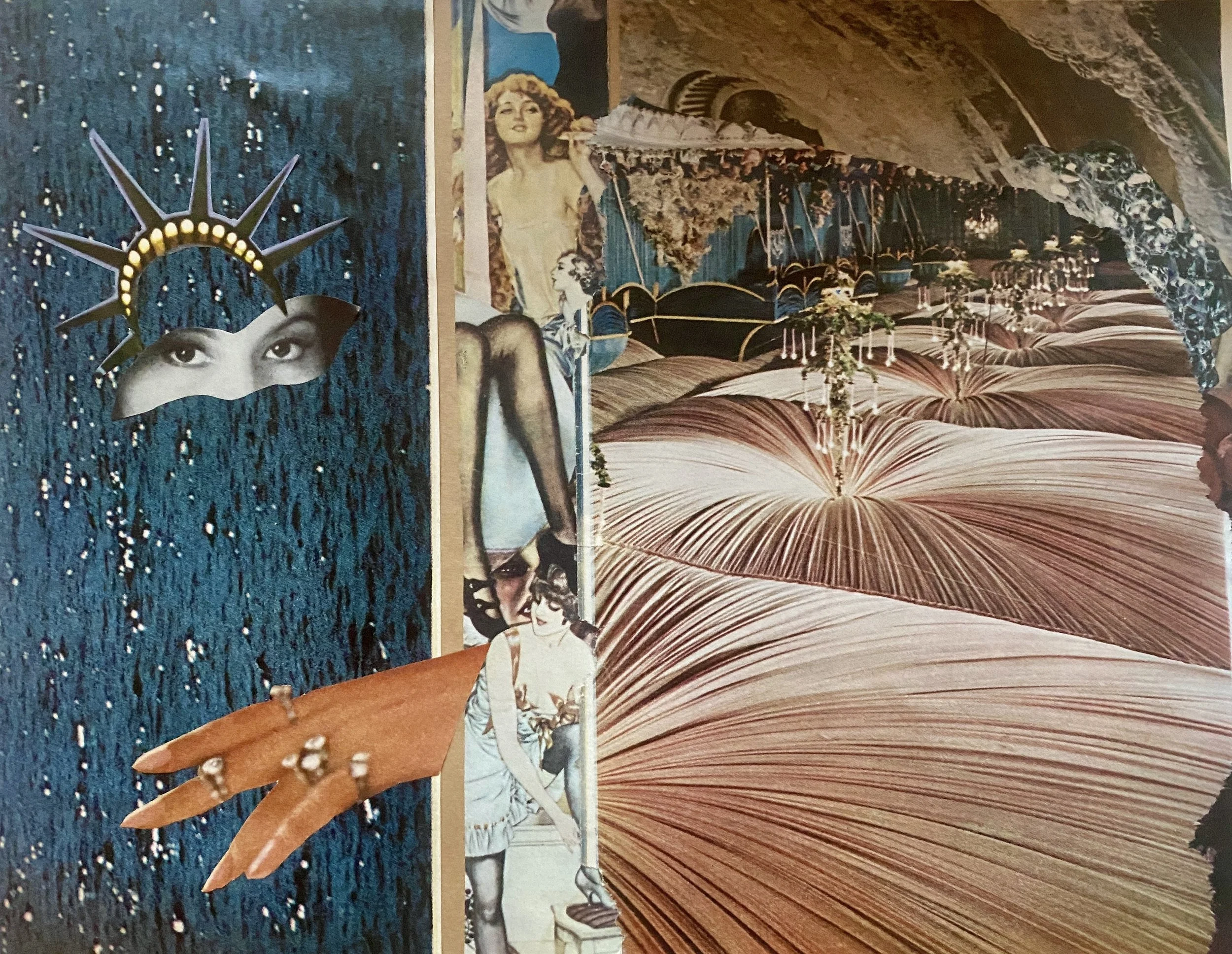 Decorative collage featuring vintage-style illustrations, including a woman with red hair, a pair of open books, a hand holding a paintbrush, and abstract backgrounds with textured patterns and colors.