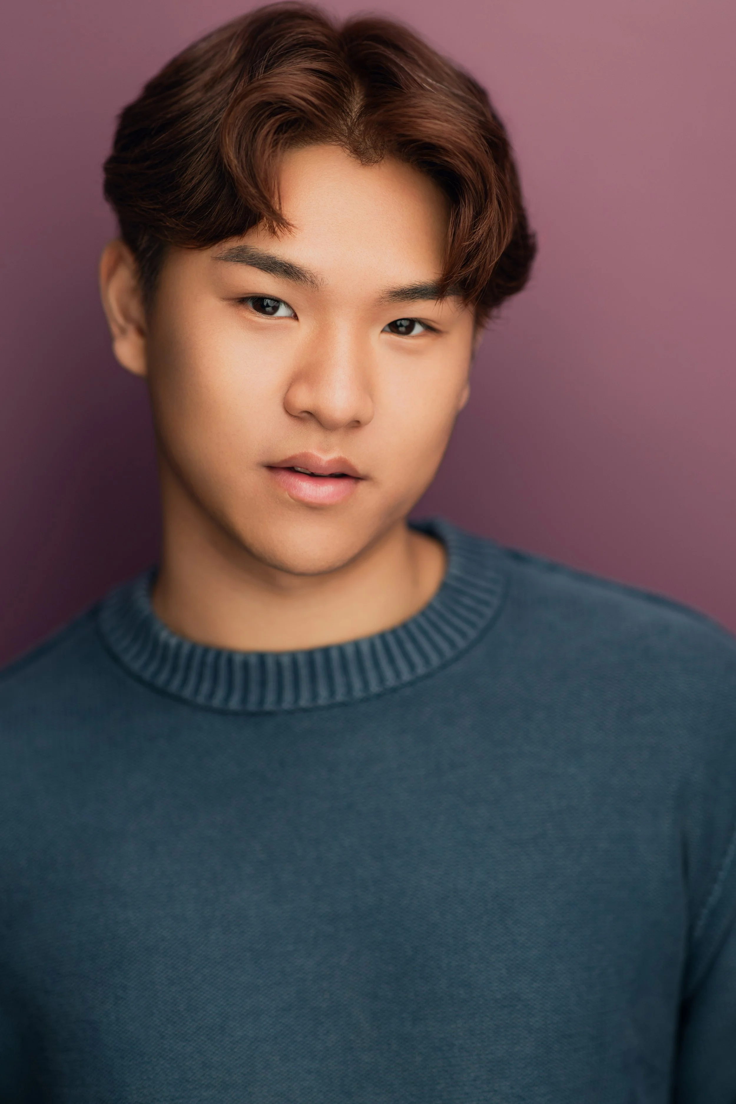Close-up portrait of a young man with styled brown hair, wearing a blue sweater, against a purple background.