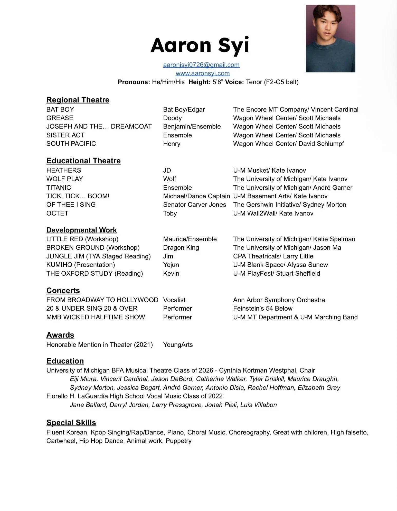 Resume of Aaron Syi with a headshot in the top right corner, listing contact information, regional and educational theatre experience, developmental work, concerts, awards, education, and special skills.