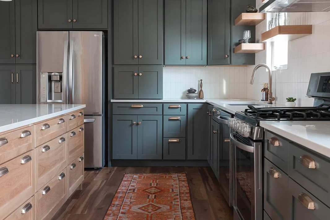 Cabinet refinishing project featuring painted kitchen cabinets, updated hardware, and modern kitchen design.