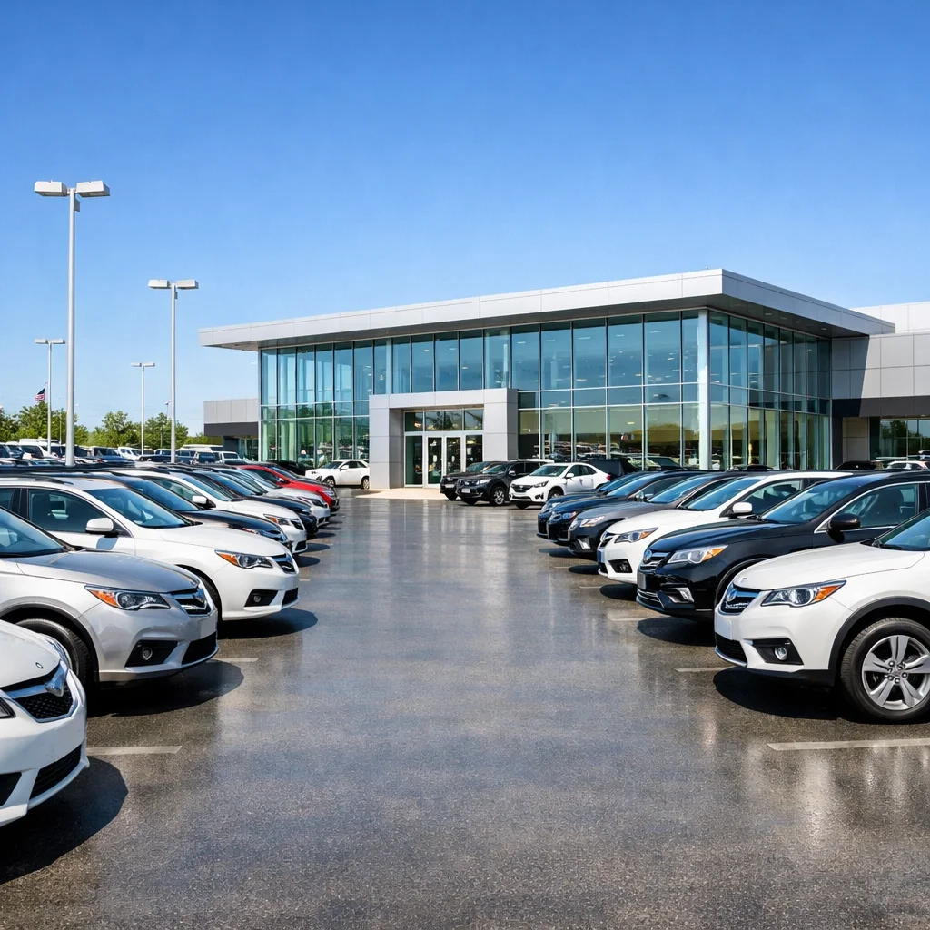 A car dealership with a modern glass-front building and a large parking lot filled with cars under a clear blue sky.