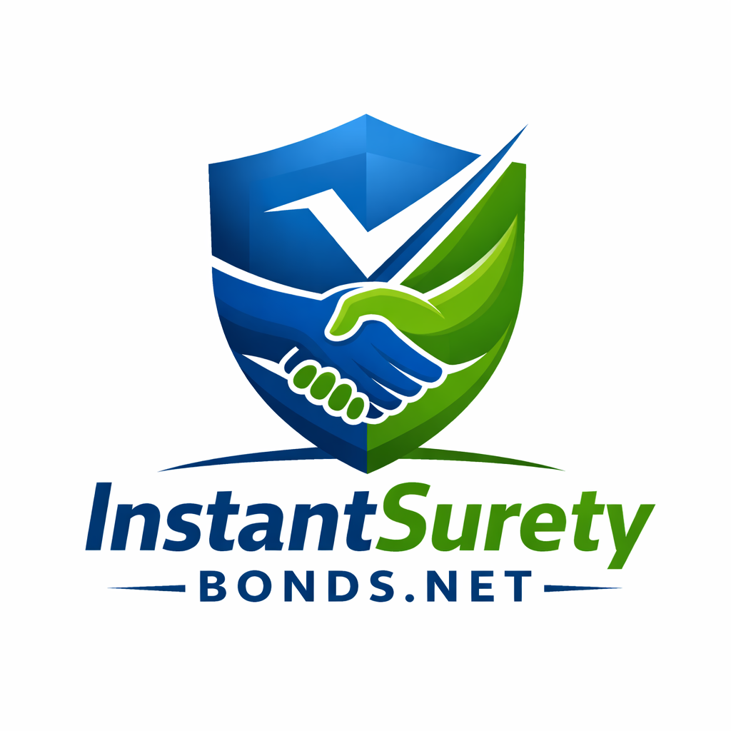 A logo for Instant Surety Bonds featuring a shield with a handshake inside, one side blue and the other green, with the website instantSuretyBonds.net written below.