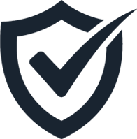 A black and white illustration of a shield with a check mark. The shield is outlined in black, and the check mark is also black.