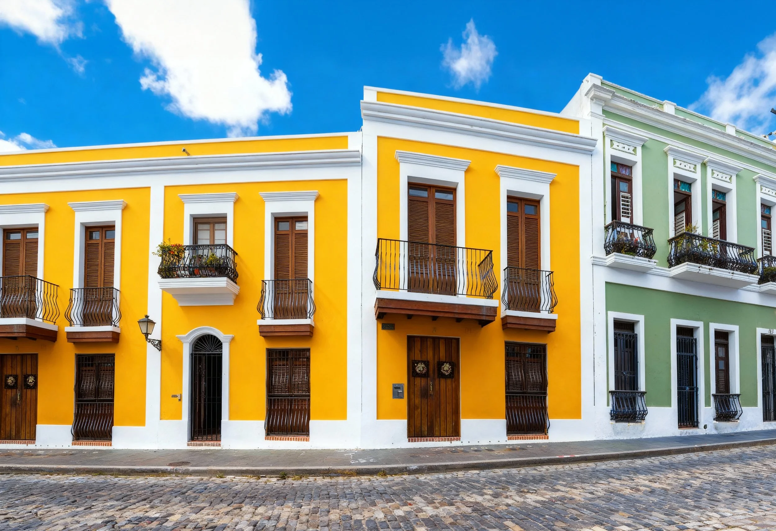 Colorful row of colonial-style buildings with yellow and green facades, wooden doors and shutters, small balconies, and cobblestone street under a blue sky with clouds.