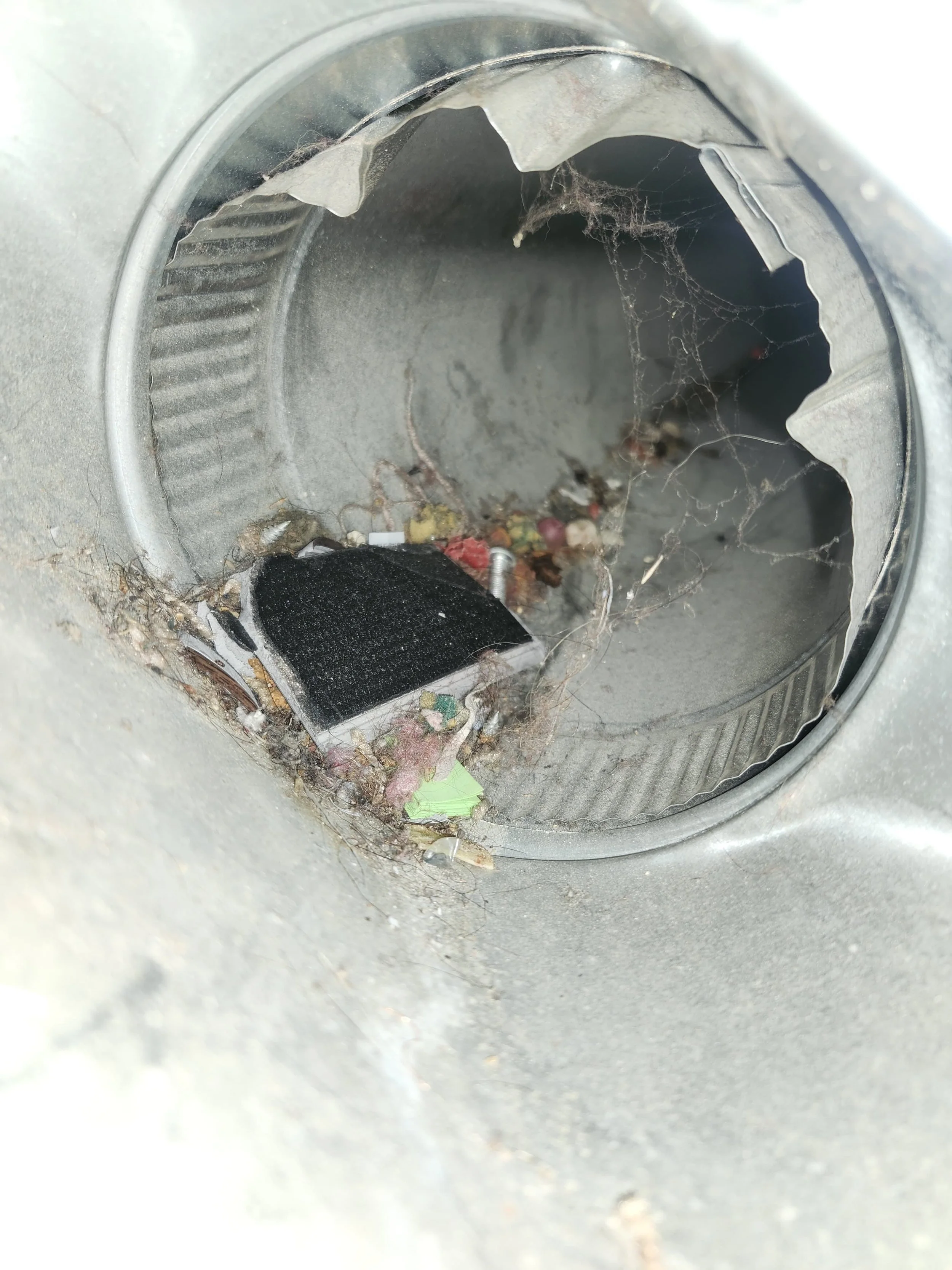 Close-up of a washing machine drum with accumulated lint, dirt, and debris inside.