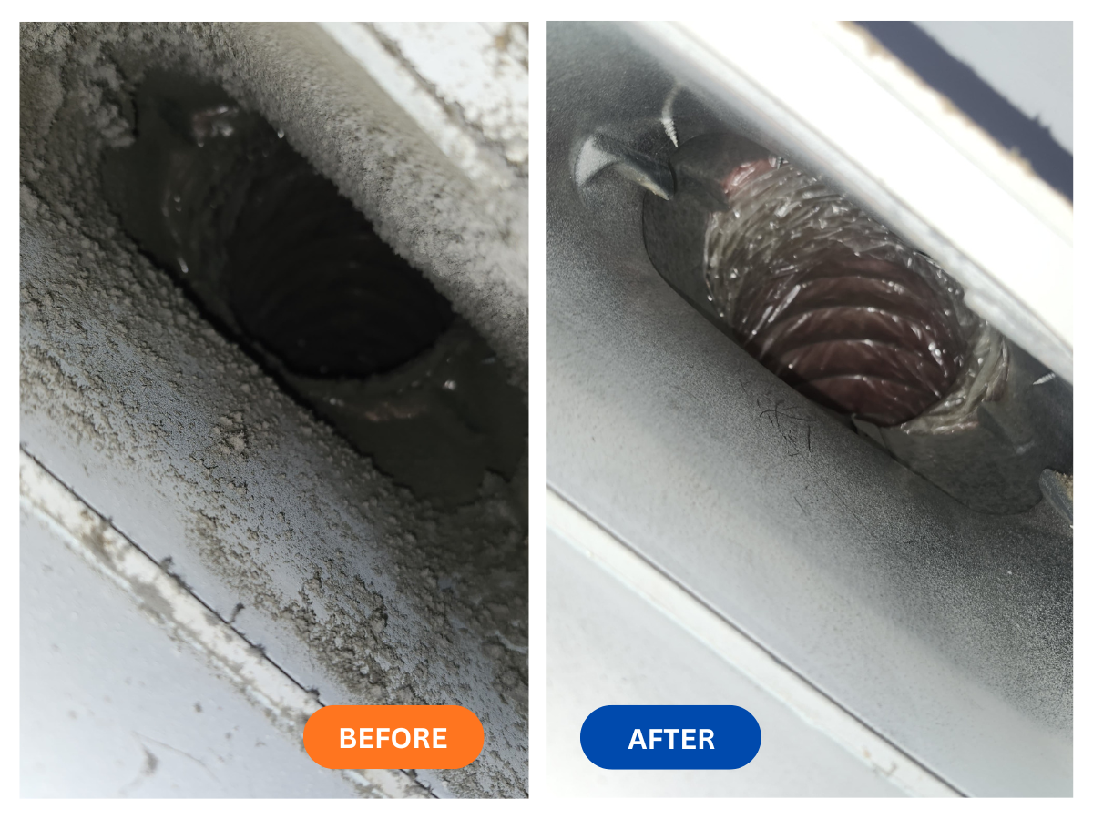 Comparison of a dirty, dusty vent before cleaning on the left and a clean vent after cleaning on the right.