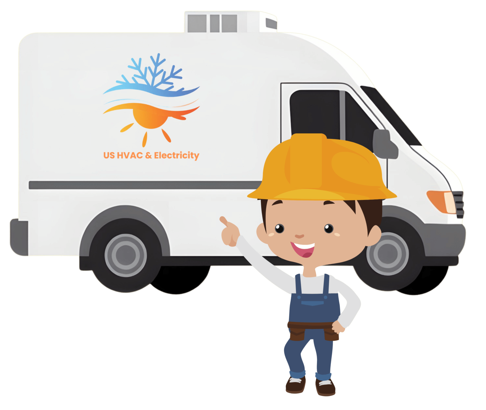 A cheerful cartoon young boy wearing a yellow construction hard hat, white long-sleeve shirt, blue overalls, and brown shoes, standing in front of a white service van with the logo of US HVAC & Electricity, indicating a heating, ventilation, air conditioning, and electrical service vehicle.
