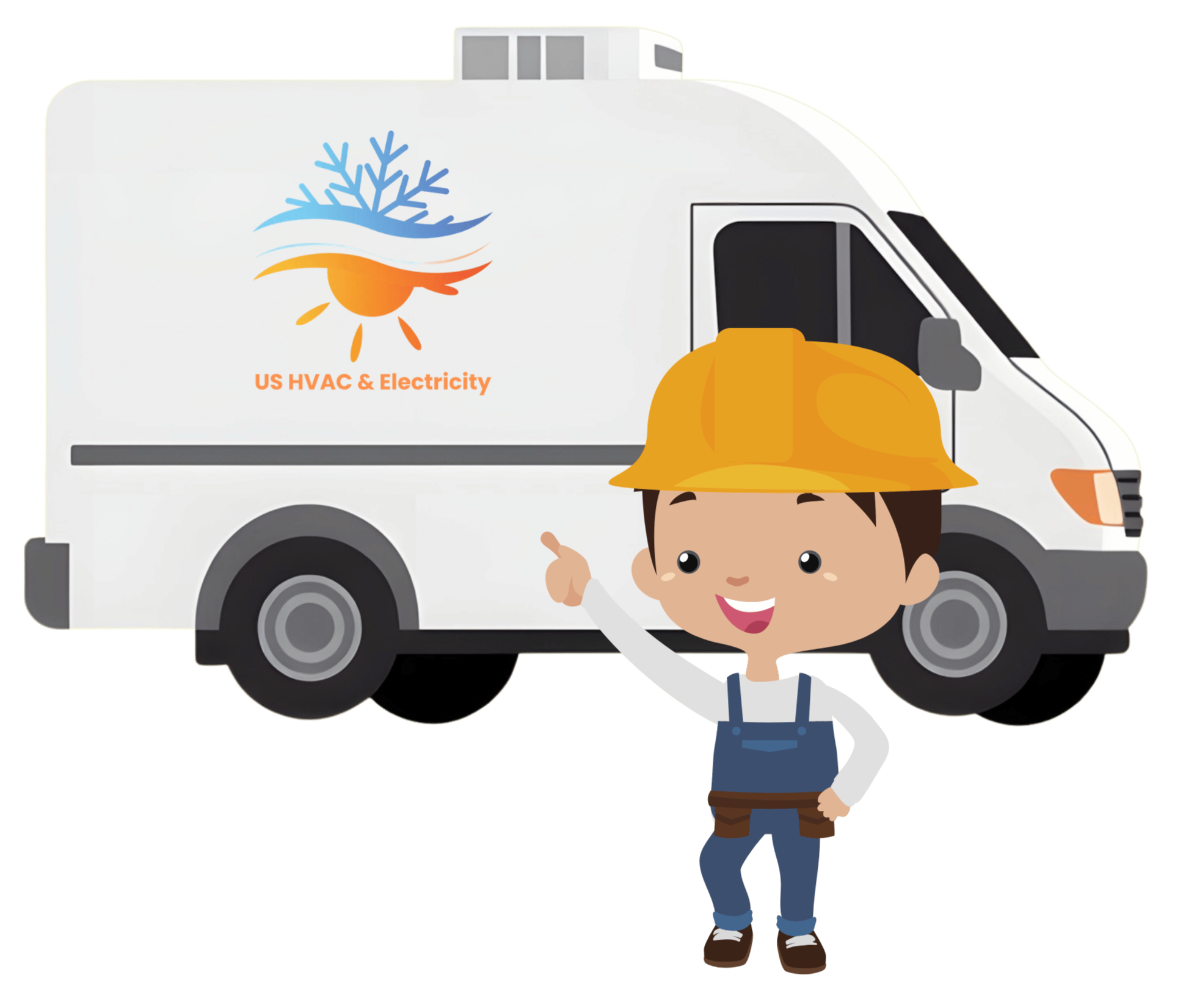 Cartoon boy wearing a yellow hard hat and overalls pointing towards a service van with the logo of a stylized sun, tree, and snowflake, and text 'US HVAC & Electricity'.