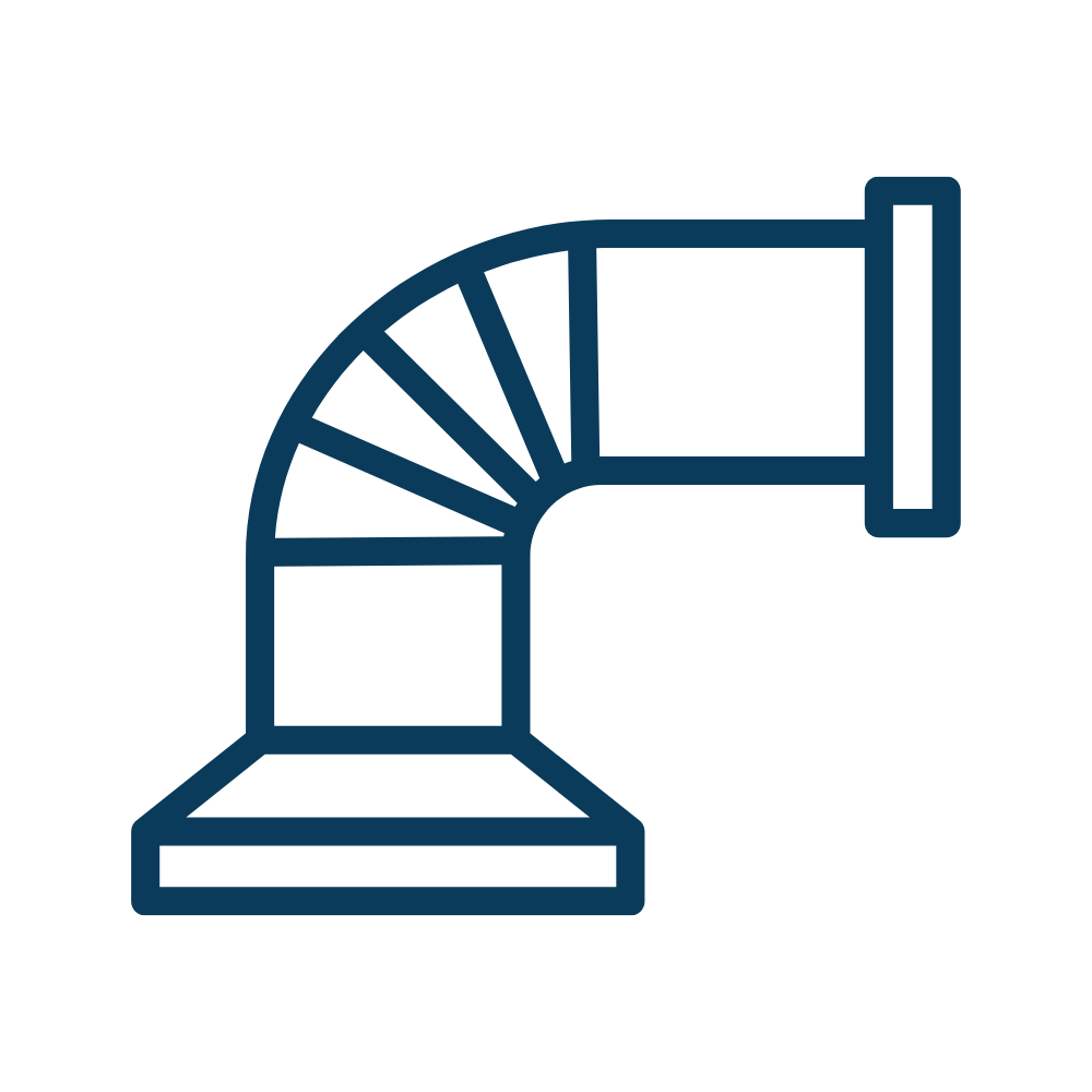 Outline of a conveyor belt or slide with a curved track and a platform at the end.