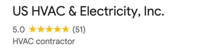 US HVAC & Electricity, Inc. logo with 5-star rating and 51 reviews, labeled as HVAC contractor.