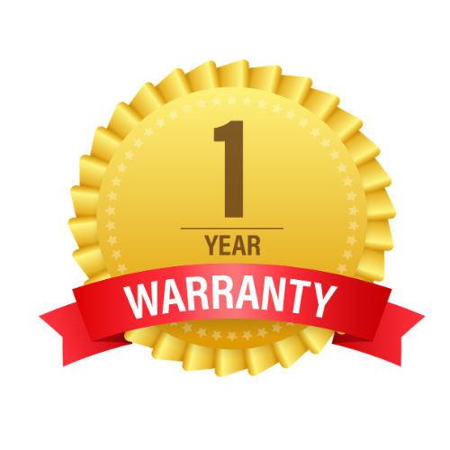 Gold badge with a red ribbon reading "Warranty" and the text "1 Year" in the center.