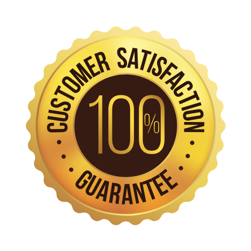 Gold and black badge with the text 'Customer Satisfaction Guarantee 100%' in the center.