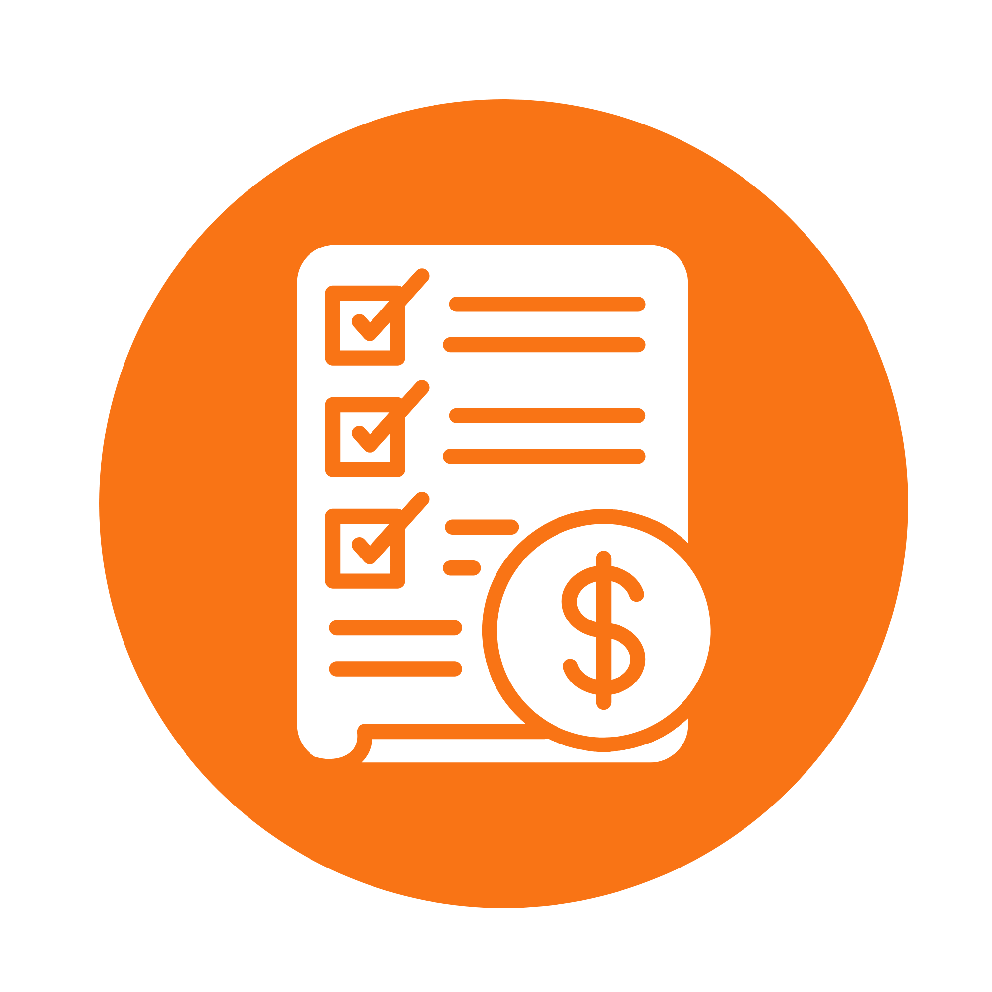 An orange circle icon featuring a checklist with three checked items and a dollar sign overlay, representing a paid invoice or bill.
