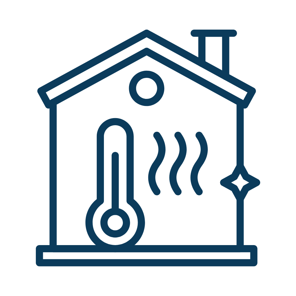 Icon of a house with a thermometer, heat waves, and a star, indicating a heating or temperature control system.