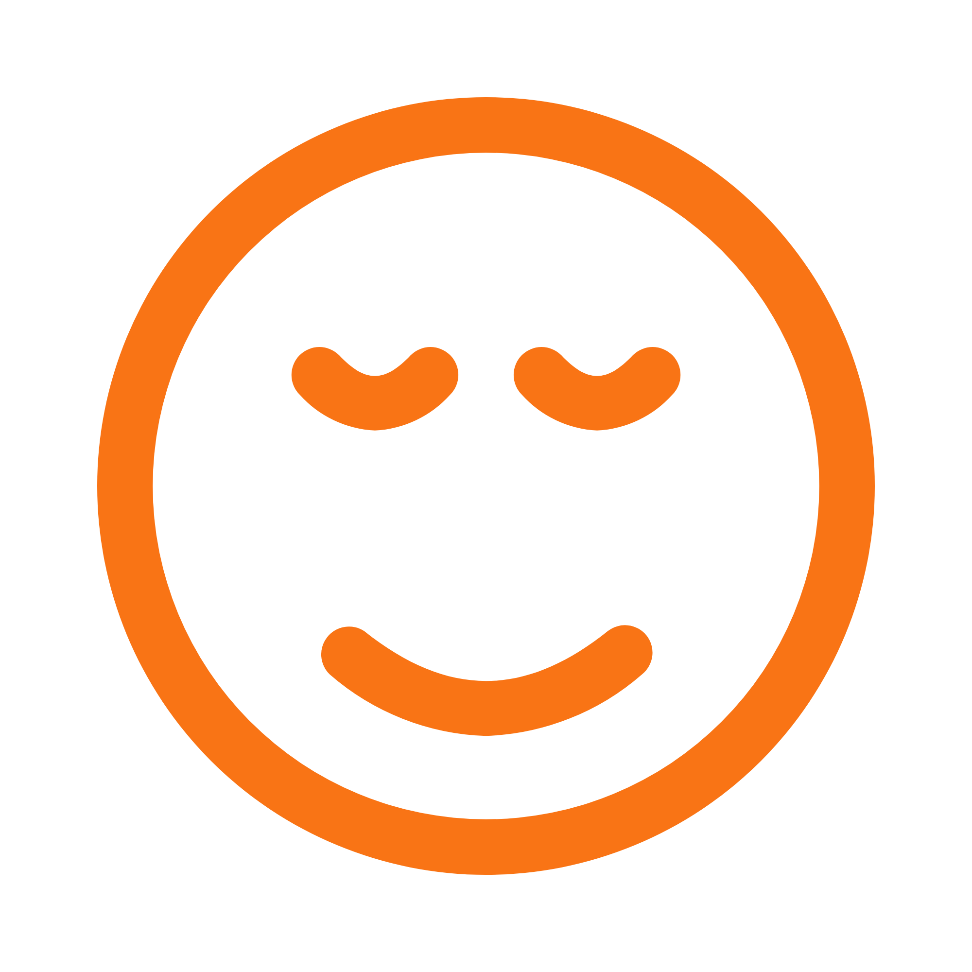 Smiley face icon with closed eyes and a content smile, outlined in orange on a black background.