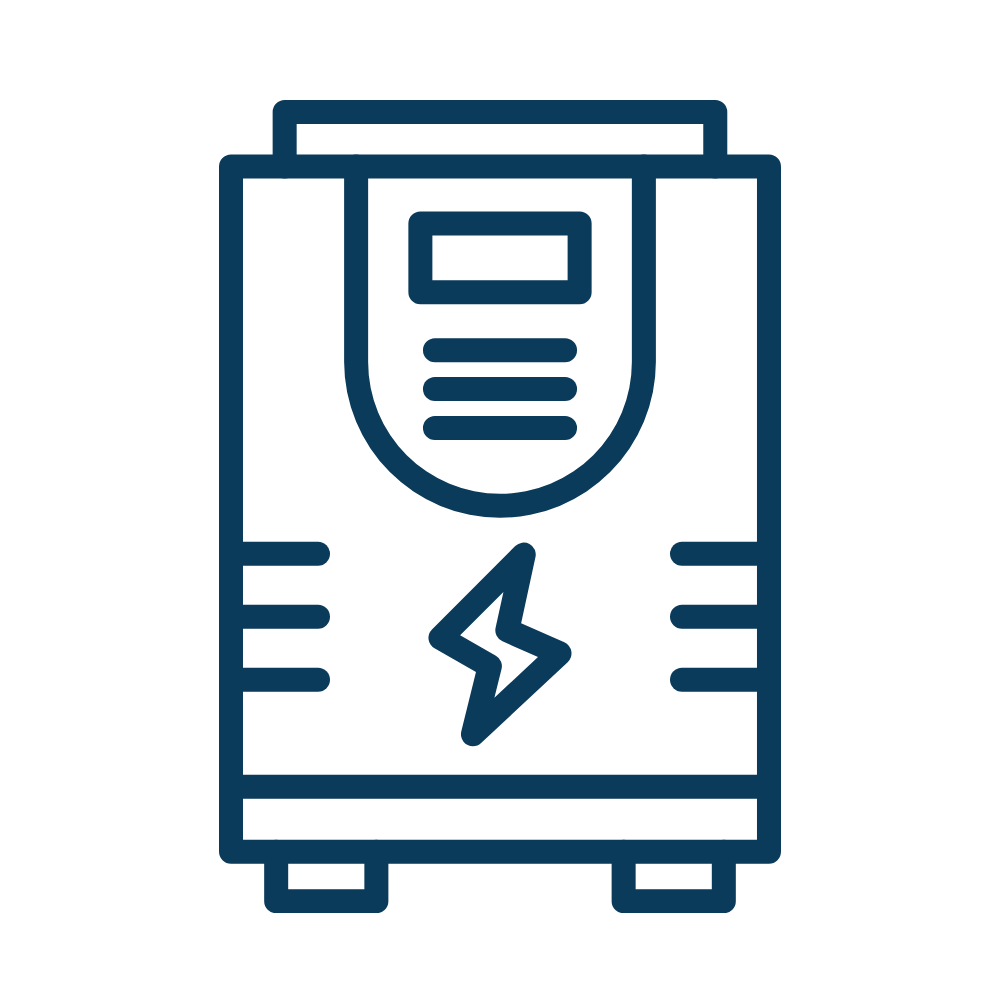 Line drawing of a generator with a lightning bolt symbol on it.