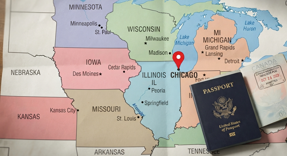 U.S. midwest map centered on Chicago