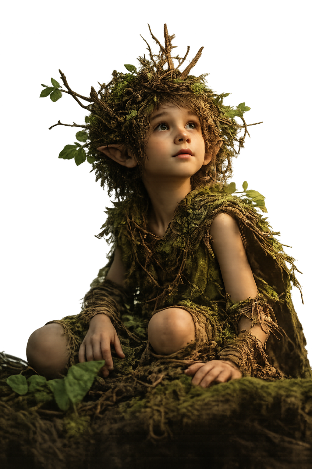 El Follet. Un guía de Ibiza. Niño con aspecto de duende, vestido con ropa de hojas y ramitas, con orejas puntiagudas, rodeado de naturaleza en un entorno mágico.