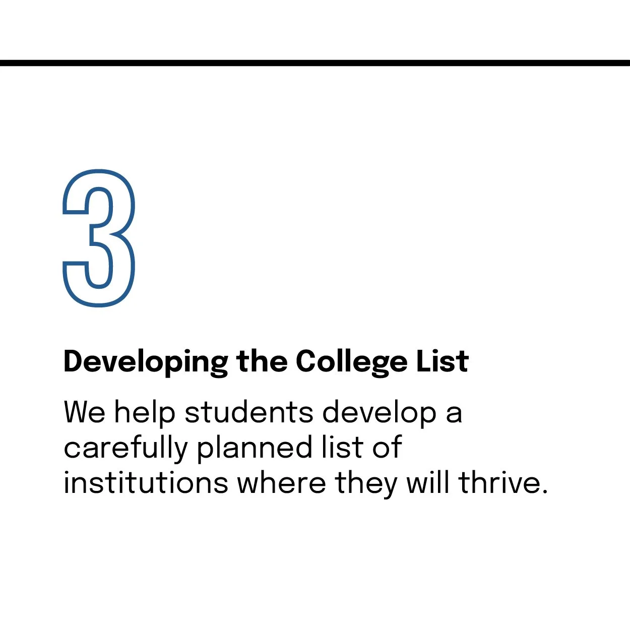 Page from a guide on developing the college list, featuring a large blue number 3 and text explaining helping students develop a carefully planned list of colleges where they will thrive.
