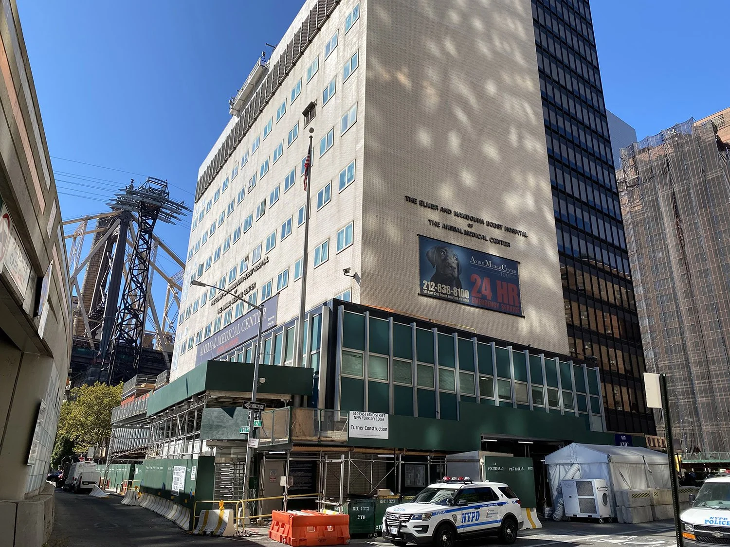 Construction site at a city street with scaffolding, a NYPD police vehicle, and a large building displaying a hospital advertisement. The building has a sign for Animal Medical Center and appears to be under renovation or construction.
