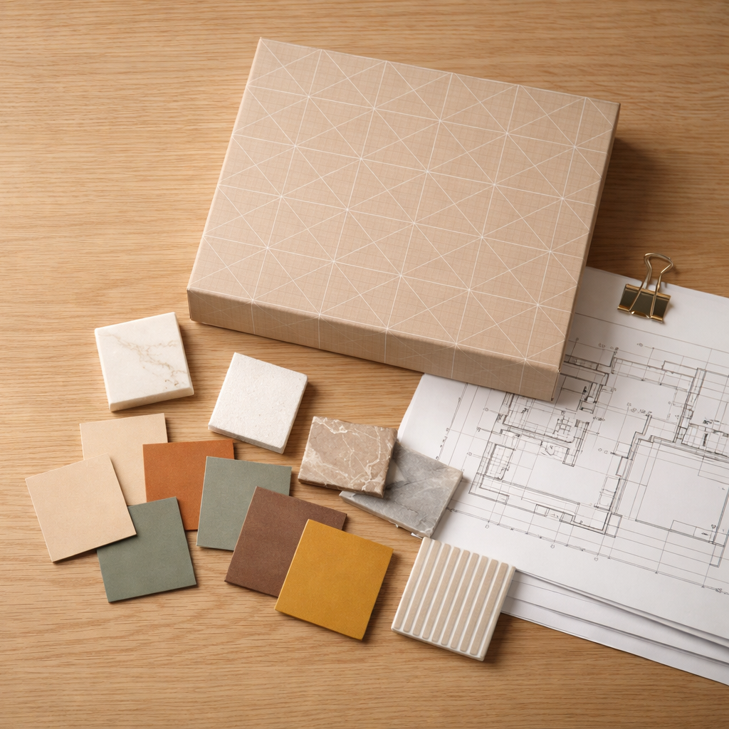 Une boîte CLÉ réunissant une sélection d’échantillons de céramique, de couleurs et de textures, accompagnée de plans d’architecture.
