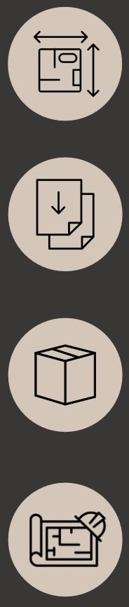 Icônes illustrant des instructions de conception ou de configuration : mesures, esquisse, cube, bureau avec lampe.