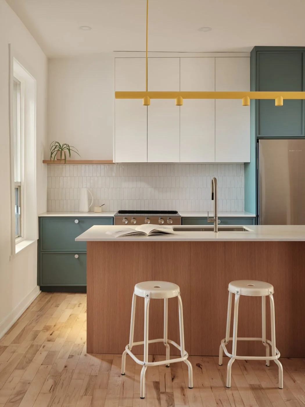 Cuisine moderne avec un îlot en bois et deux tabourets en métal blanc, armoires du dessus blanc et vert, carrelage blanc, réfrigérateur en acier inoxydable, lampe suspendue jaune, plan de travail blanc, une plante sur une étagère en bois.