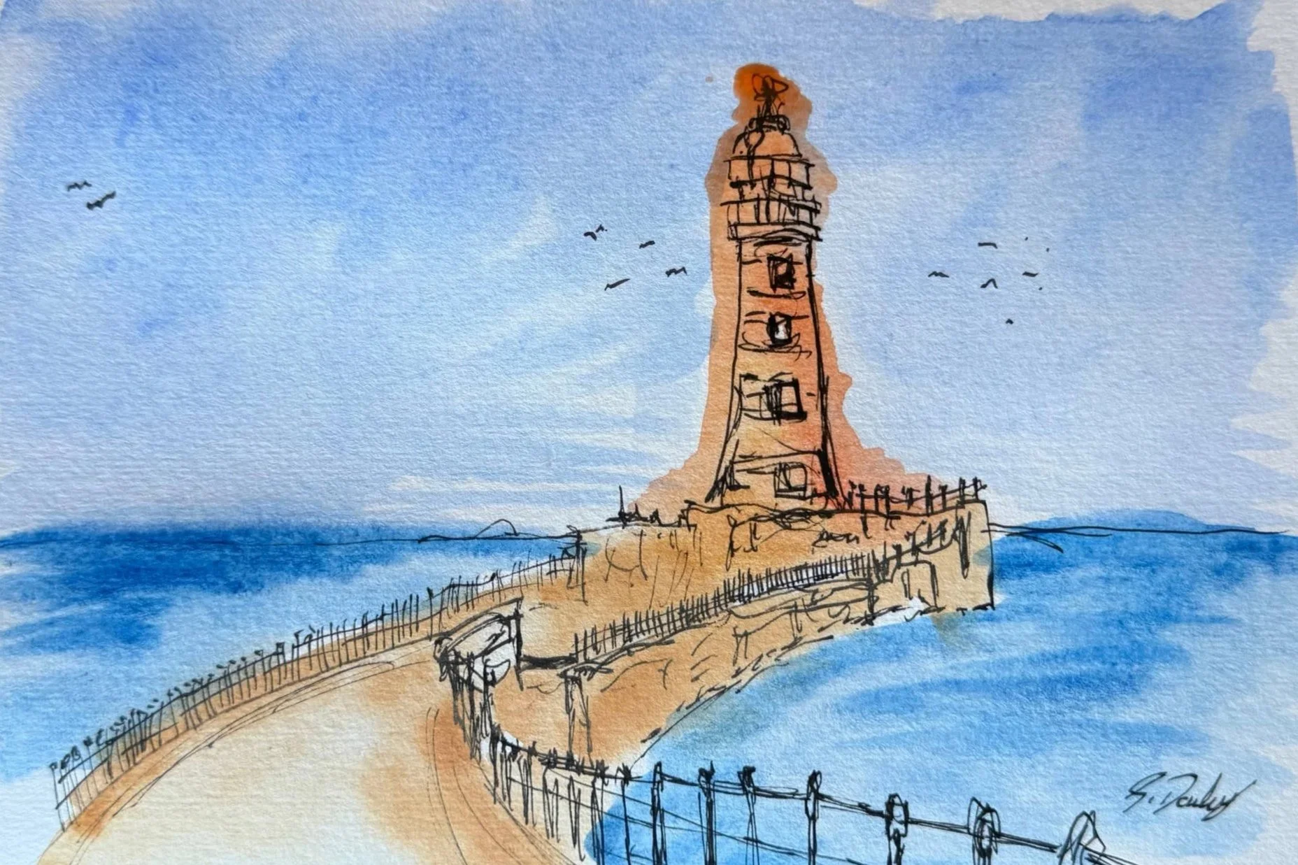 A watercolor painting of a lighthouse with a lighted chamber at the top, situated on a rocky breakwater by the sea. There is a walkway with a fence leading up to the lighthouse, and birds are flying in the sky.