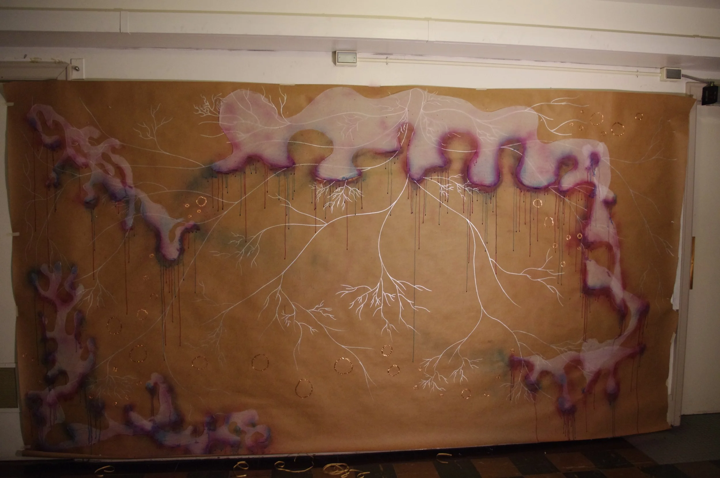Drawing as daily record (2011)
Installation, approx 6ft x 12ft
Daily drawing with paint, ink, tracing paper, and copper tape on paper.