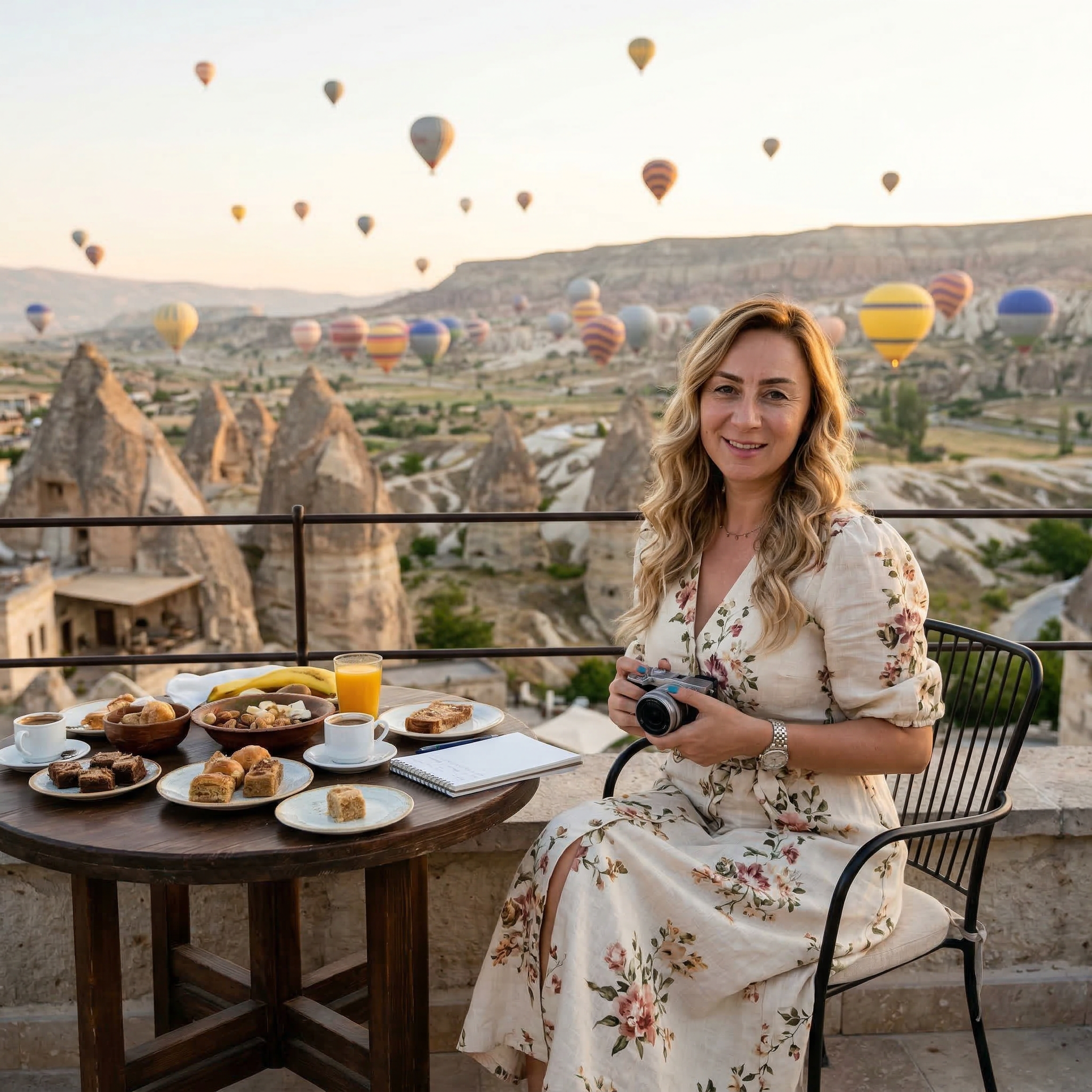 Frau sitzt beim Frühstück mit Blick auf Ballons in der Luft und Felsen im Hintergrund.